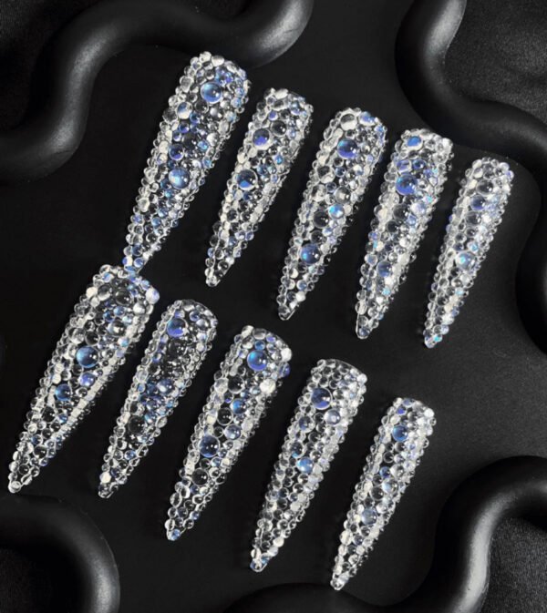 Colorful blue and white full-diamond three-dimensional long-style pointed-toe nail art sticker