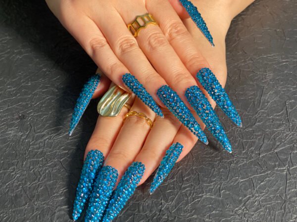 Deep-sea blue full-diamond three-dimensional long-style pointed-toe nail polish