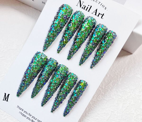 Colorful Green and Blue Full-Diamond Three-Dimensional Long-Tip Nail Art Patch